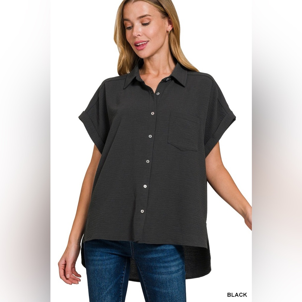 Zenana Full Size Woven Airflow Button Down Shirt Plus Size – Black 🖤🛍️